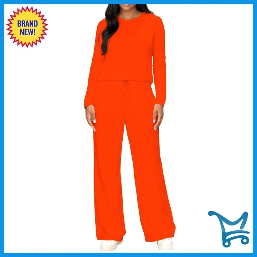 Two Piece Lounge Set Long Sleeve Top Wide Leg Pants Comfy Sweatsuit With Pockets